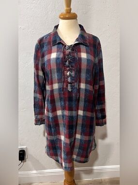Vintage Havana Plaid Lace-Up Tunic Shirt Dress Size S 100% Cotton
